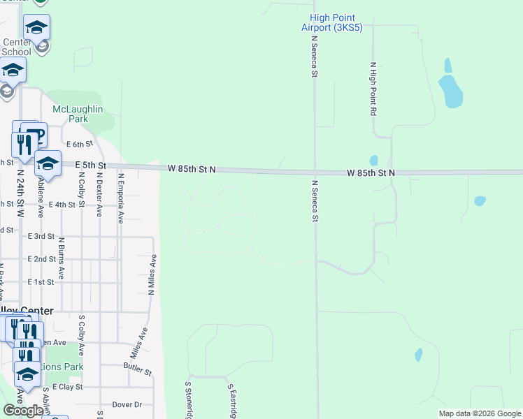 map of restaurants, bars, coffee shops, grocery stores, and more near 1521-1591 West 85th Street North in Valley Center