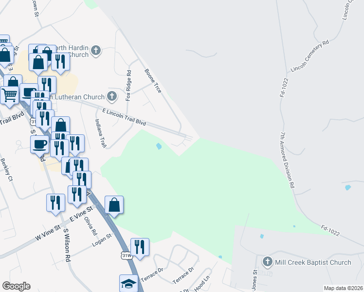 map of restaurants, bars, coffee shops, grocery stores, and more near 108 Kenton Court in Radcliff