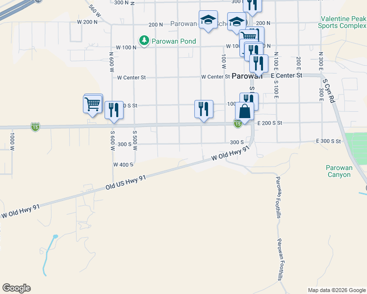 map of restaurants, bars, coffee shops, grocery stores, and more near 263 West 300 South in Parowan