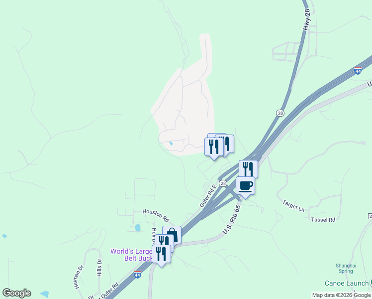 map of restaurants, bars, coffee shops, grocery stores, and more near 121 Hickory Ridge Drive in Saint Robert