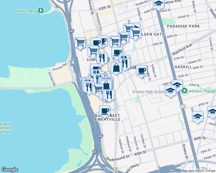 map of restaurants, bars, coffee shops, grocery stores, and more near 4088 Haven Street in Emeryville