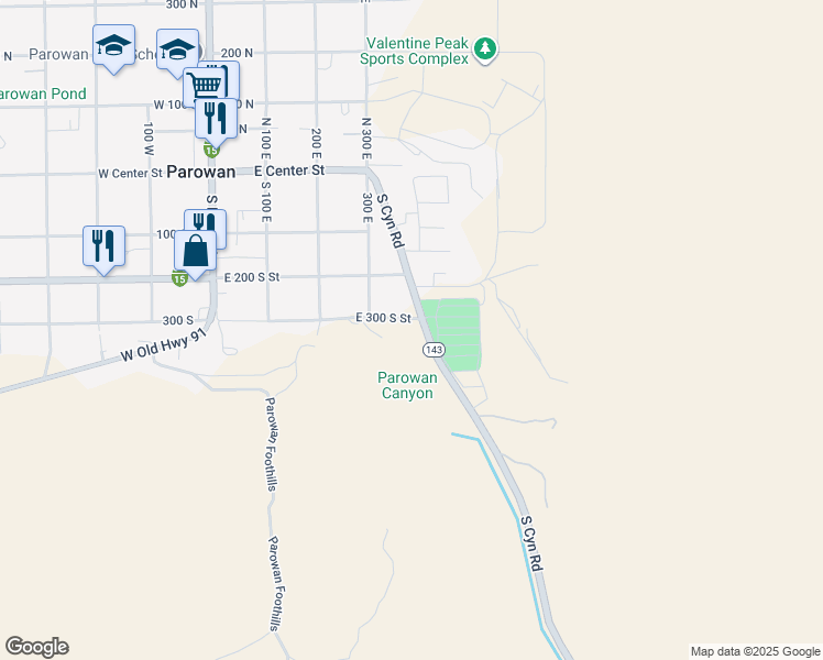 map of restaurants, bars, coffee shops, grocery stores, and more near 834 Canyon Road in Parowan