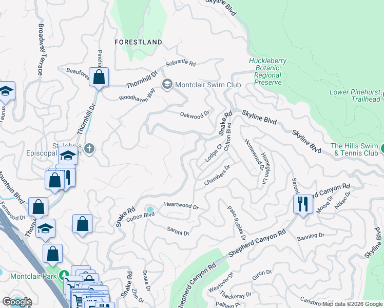 map of restaurants, bars, coffee shops, grocery stores, and more near 7017 Snake Road in Oakland