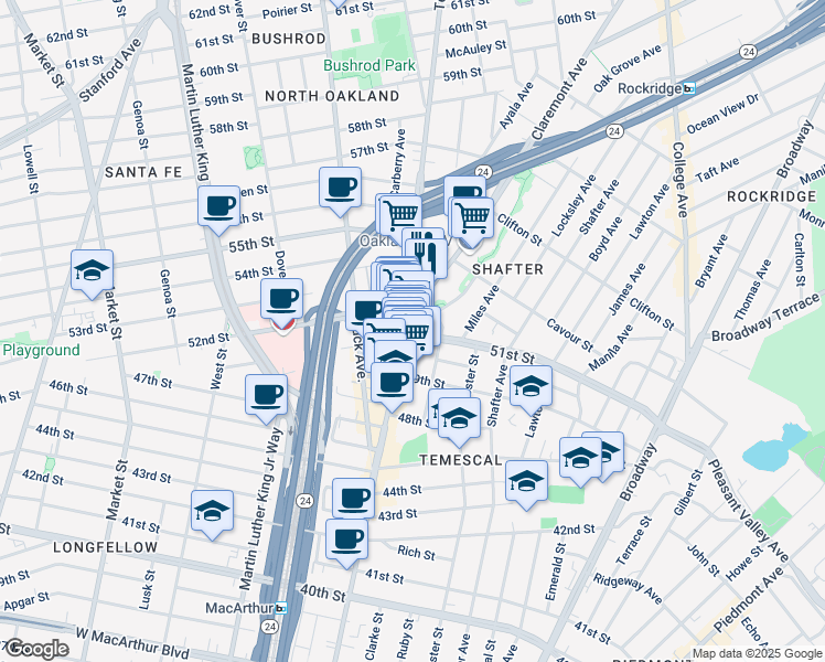 map of restaurants, bars, coffee shops, grocery stores, and more near in Oakland