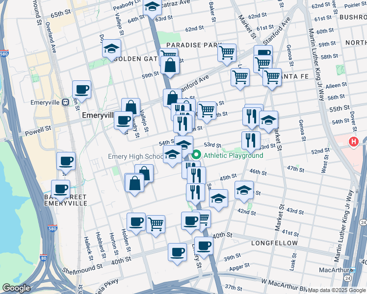 map of restaurants, bars, coffee shops, grocery stores, and more near in Oakland