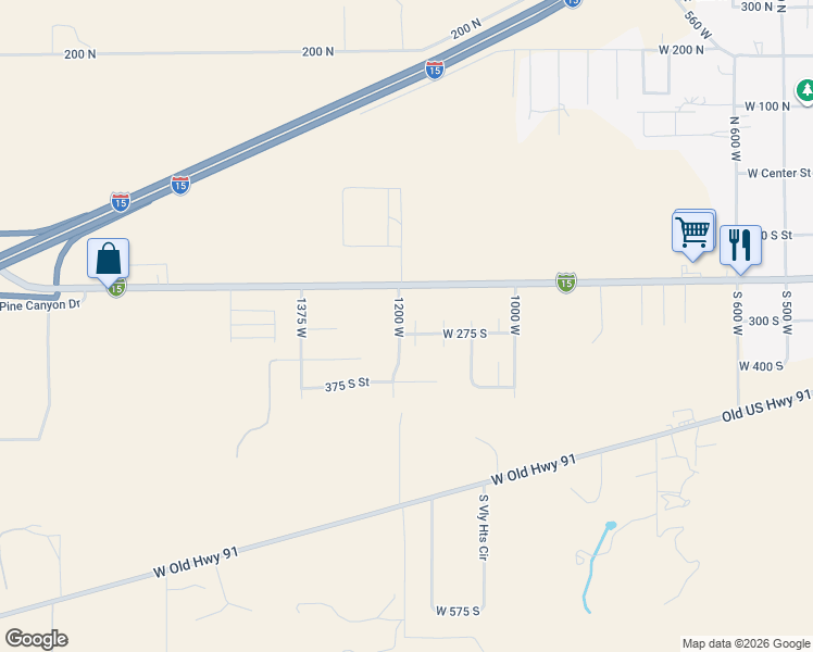 map of restaurants, bars, coffee shops, grocery stores, and more near 268 South 1175 West in Parowan