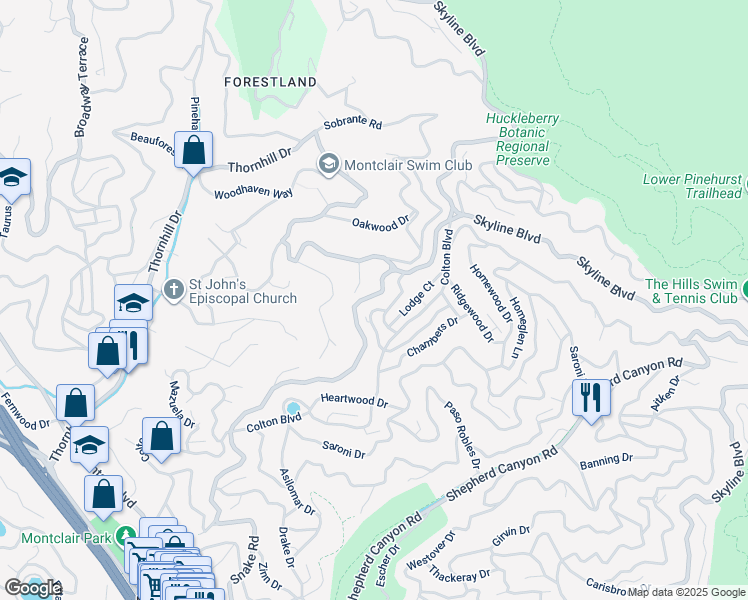 map of restaurants, bars, coffee shops, grocery stores, and more near 7030 Snake Road in Oakland