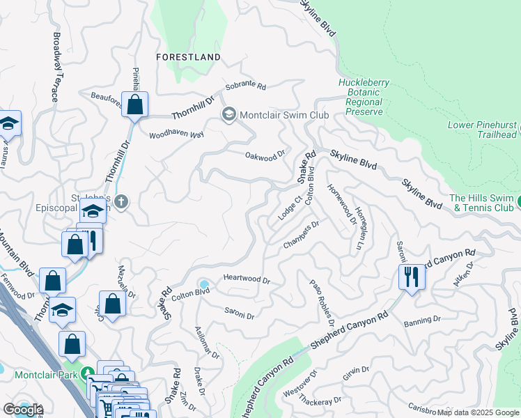 map of restaurants, bars, coffee shops, grocery stores, and more near 7030 Snake Road in Oakland