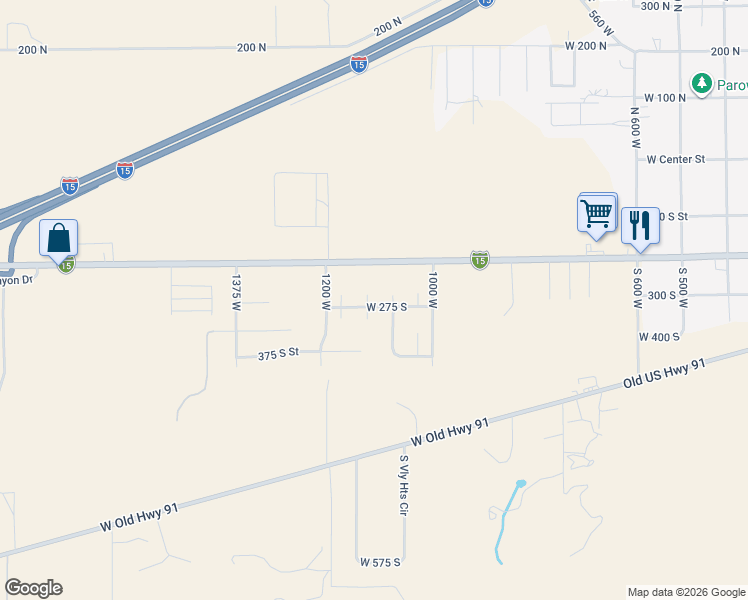 map of restaurants, bars, coffee shops, grocery stores, and more near 267 South 1125 West in Parowan