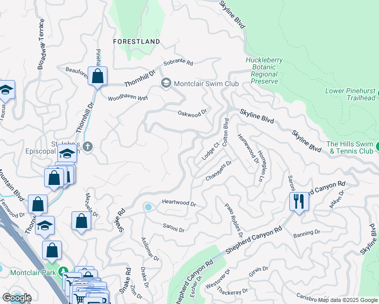 map of restaurants, bars, coffee shops, grocery stores, and more near 7017 Snake Road in Oakland