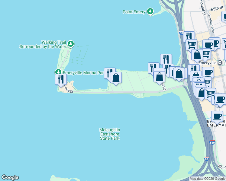 map of restaurants, bars, coffee shops, grocery stores, and more near 4 Anchor Drive in Emeryville