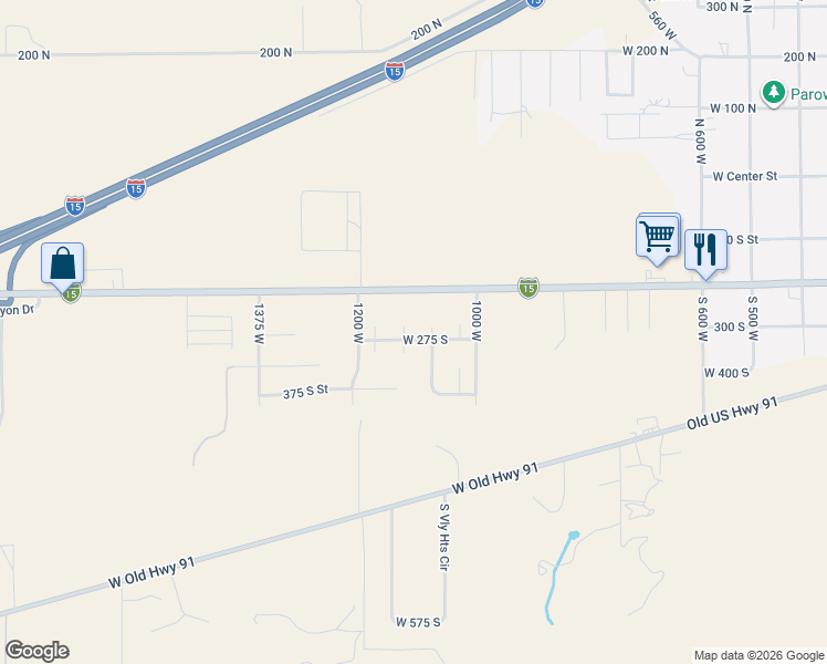 map of restaurants, bars, coffee shops, grocery stores, and more near 1112 West 275 South in Parowan