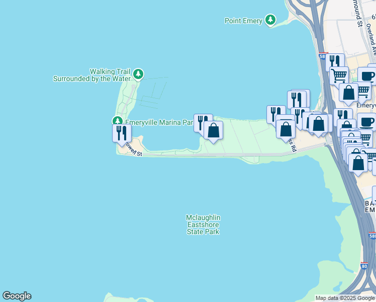 map of restaurants, bars, coffee shops, grocery stores, and more near 3264 Powell Street in Emeryville