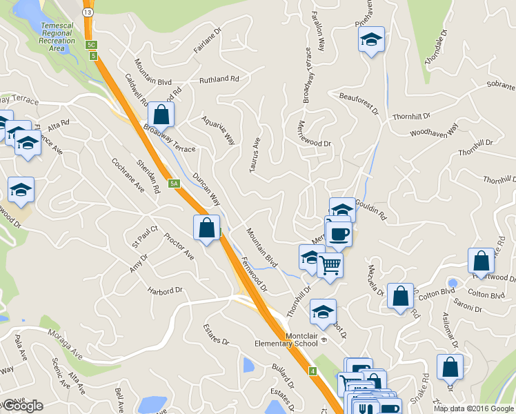 map of restaurants, bars, coffee shops, grocery stores, and more near 5643 Florence Terrace in Oakland