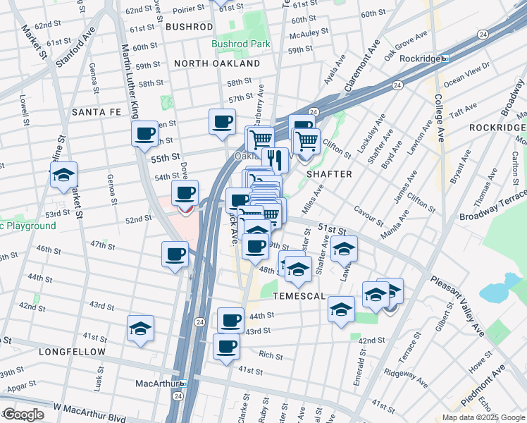 map of restaurants, bars, coffee shops, grocery stores, and more near in Oakland