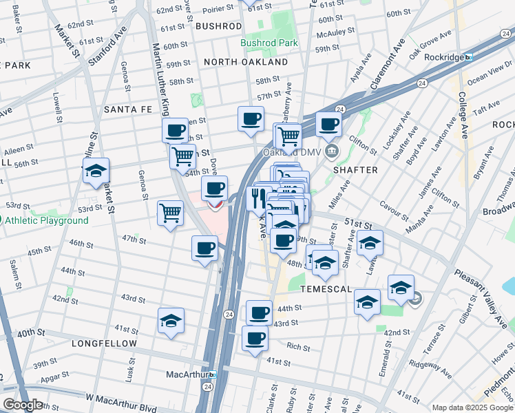 map of restaurants, bars, coffee shops, grocery stores, and more near 5131 Shattuck Avenue in Oakland