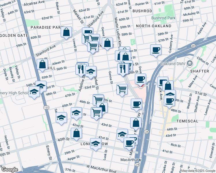 map of restaurants, bars, coffee shops, grocery stores, and more near 883 53rd Street in Oakland