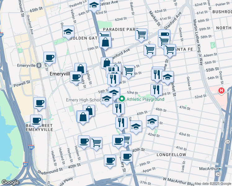 map of restaurants, bars, coffee shops, grocery stores, and more near in Emeryville