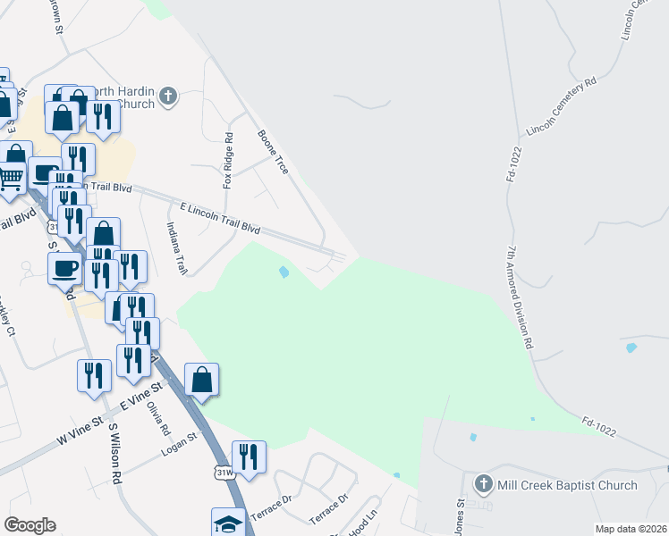 map of restaurants, bars, coffee shops, grocery stores, and more near 5 Kenton Court in Radcliff