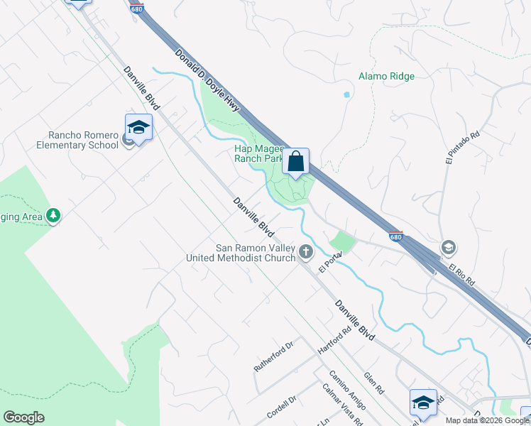 map of restaurants, bars, coffee shops, grocery stores, and more near 974 Danville Boulevard in Alamo