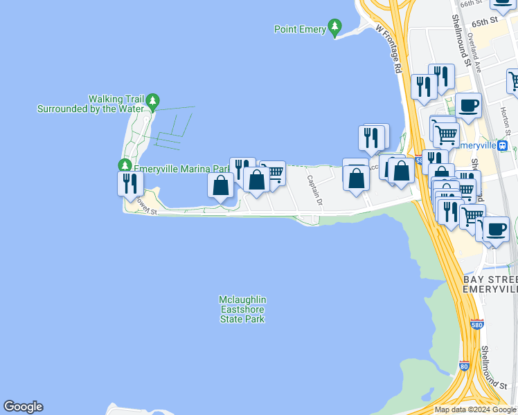 map of restaurants, bars, coffee shops, grocery stores, and more near 4 Anchor Drive in Emeryville