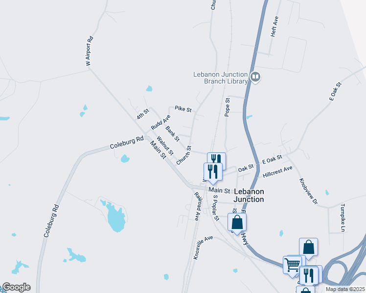 map of restaurants, bars, coffee shops, grocery stores, and more near 153 Bank Street in Lebanon Junction