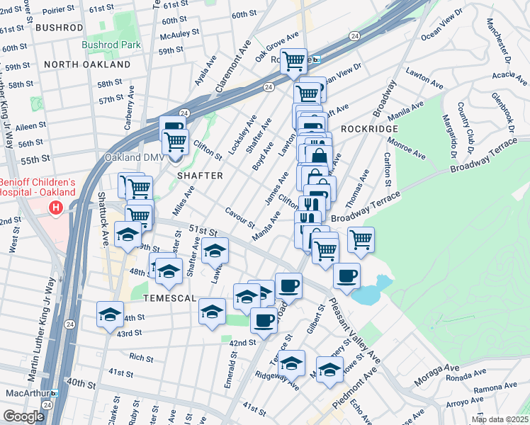 map of restaurants, bars, coffee shops, grocery stores, and more near 5236 James Avenue in Oakland