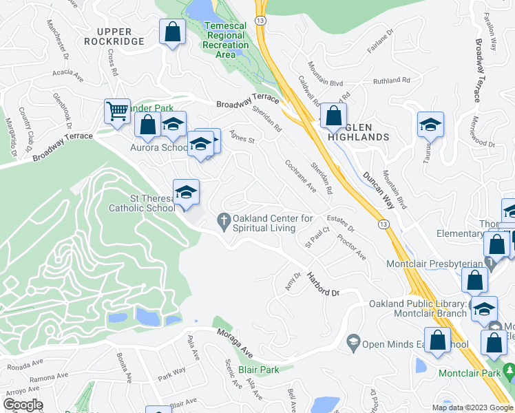 map of restaurants, bars, coffee shops, grocery stores, and more near 449 Modoc Avenue in Oakland
