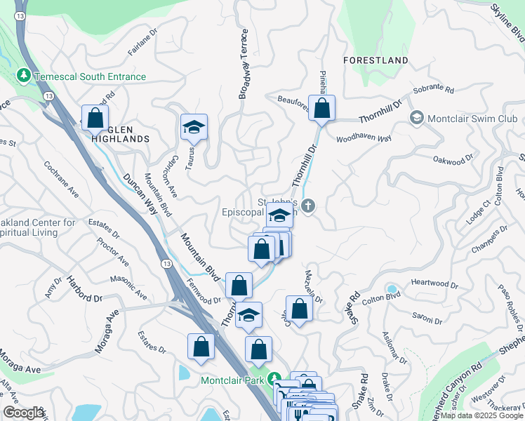map of restaurants, bars, coffee shops, grocery stores, and more near 5600 Merriewood Drive in Oakland