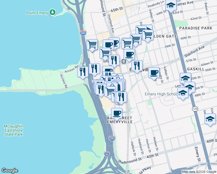 map of restaurants, bars, coffee shops, grocery stores, and more near 5750 Christie Avenue in Emeryville
