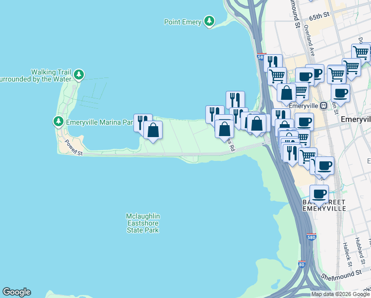 map of restaurants, bars, coffee shops, grocery stores, and more near 2 Commodore Drive in Emeryville