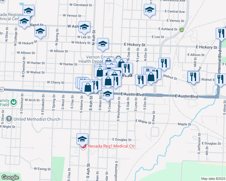 map of restaurants, bars, coffee shops, grocery stores, and more near 131 South Cedar Street in Nevada