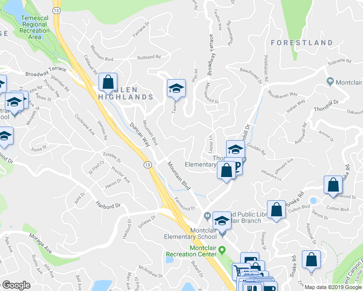 map of restaurants, bars, coffee shops, grocery stores, and more near 5663 Florence Terrace in Oakland