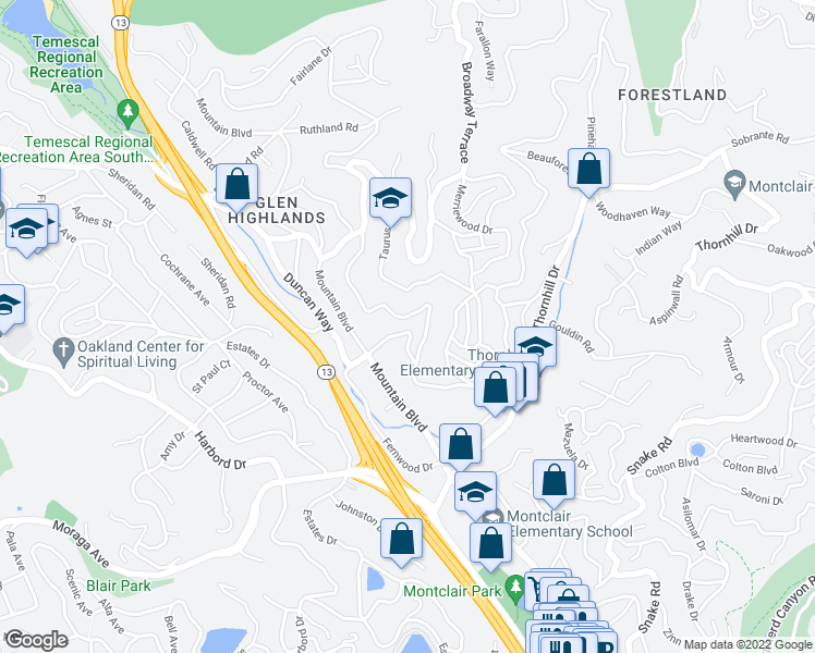 map of restaurants, bars, coffee shops, grocery stores, and more near 5673 Florence Terrace in Oakland