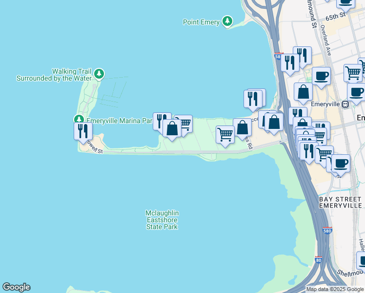 map of restaurants, bars, coffee shops, grocery stores, and more near 2 Admiral Drive in Emeryville