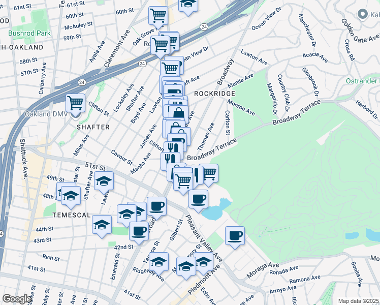 map of restaurants, bars, coffee shops, grocery stores, and more near 5320 Broadway in Oakland