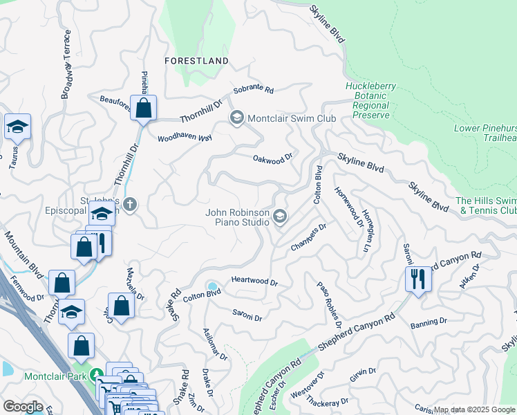 map of restaurants, bars, coffee shops, grocery stores, and more near 7017 Snake Road in Oakland