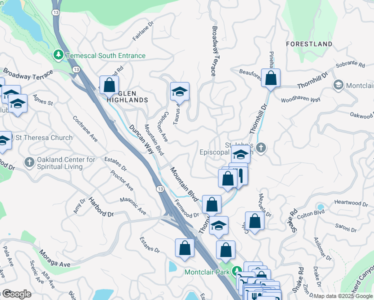 map of restaurants, bars, coffee shops, grocery stores, and more near 5673 Florence Terrace in Oakland