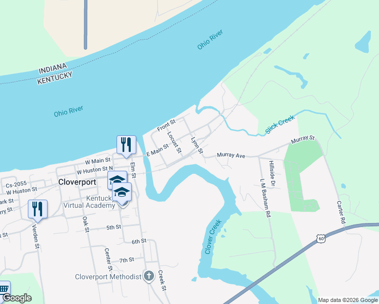 map of restaurants, bars, coffee shops, grocery stores, and more near 307 East Houston Street in Cloverport