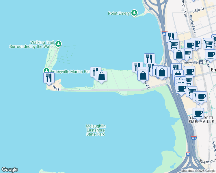 map of restaurants, bars, coffee shops, grocery stores, and more near 2 Admiral Drive in Emeryville