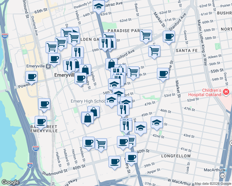map of restaurants, bars, coffee shops, grocery stores, and more near 5325 San Pablo Avenue in Oakland