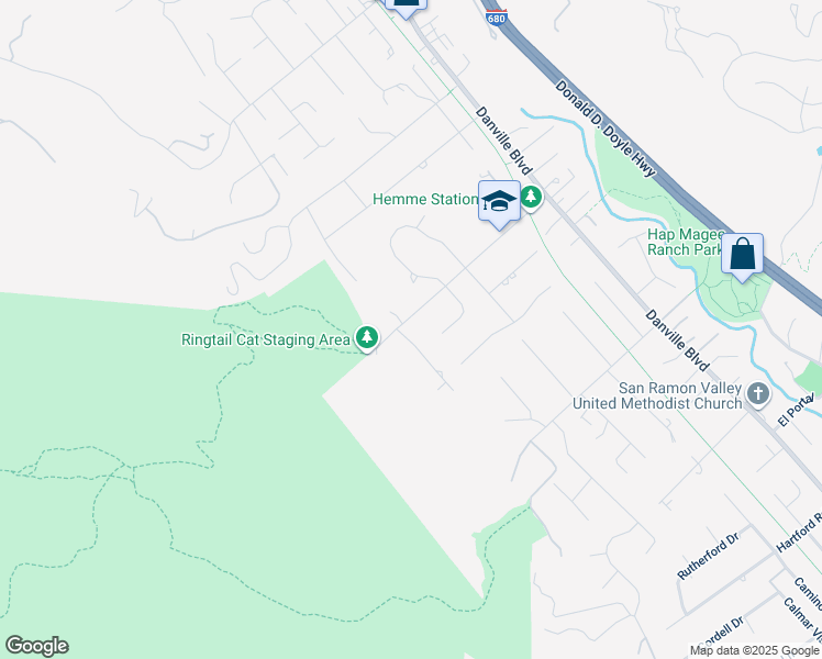 map of restaurants, bars, coffee shops, grocery stores, and more near 2398 Ironwood Place in Alamo