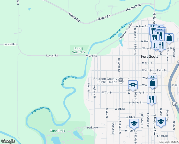 map of restaurants, bars, coffee shops, grocery stores, and more near 1022 West 4th Street in Fort Scott