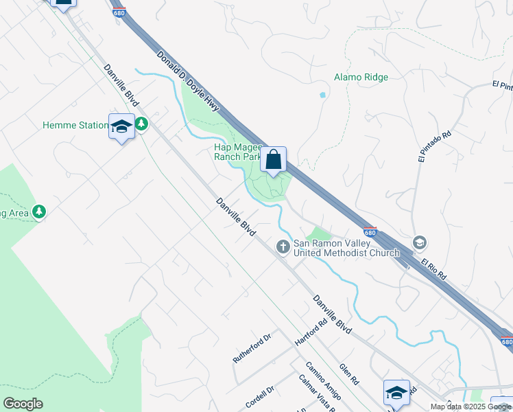 map of restaurants, bars, coffee shops, grocery stores, and more near 7 Deodar Lane in Alamo