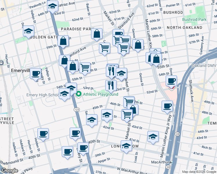 map of restaurants, bars, coffee shops, grocery stores, and more near 957 53rd Street in Oakland