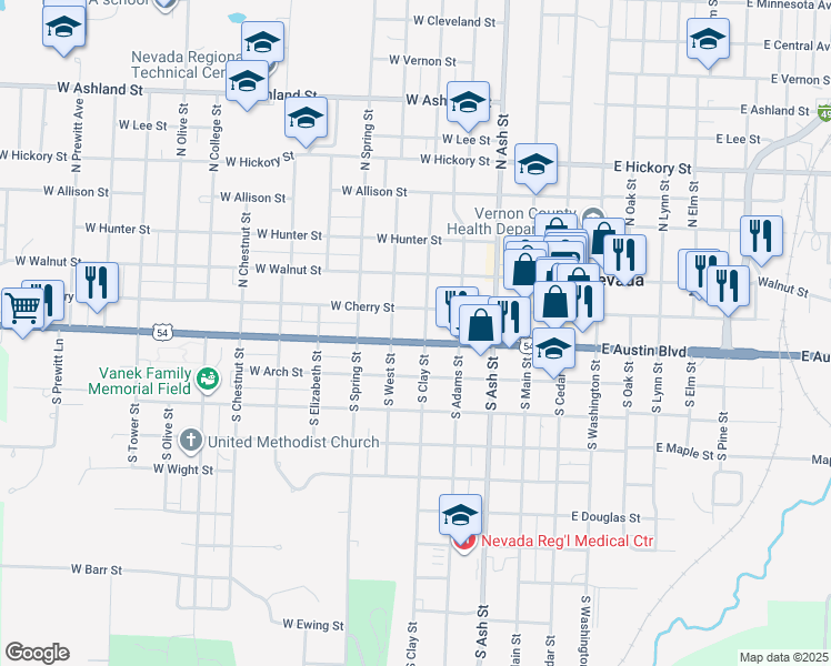 map of restaurants, bars, coffee shops, grocery stores, and more near 128 South Clay Street in Nevada