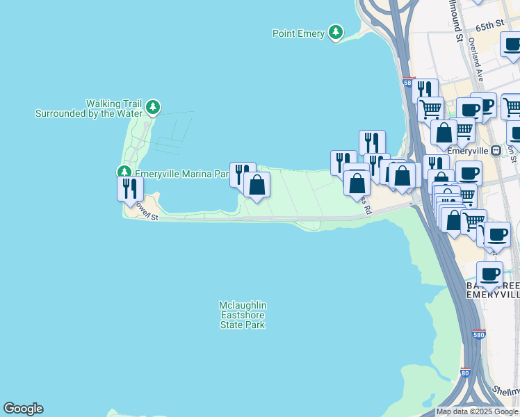 map of restaurants, bars, coffee shops, grocery stores, and more near 4 Anchor Drive in Emeryville