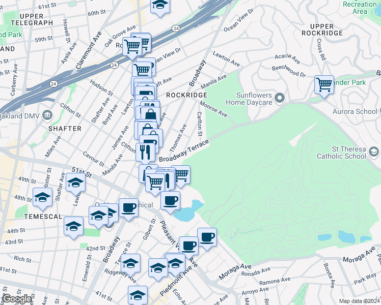 map of restaurants, bars, coffee shops, grocery stores, and more near in Oakland
