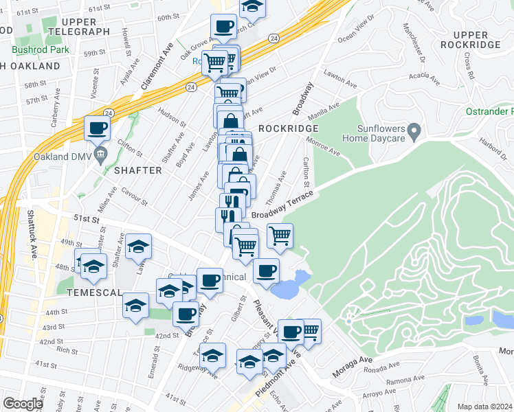 map of restaurants, bars, coffee shops, grocery stores, and more near 5320 Broadway in Oakland