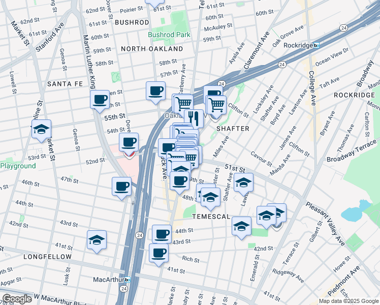 map of restaurants, bars, coffee shops, grocery stores, and more near in Oakland